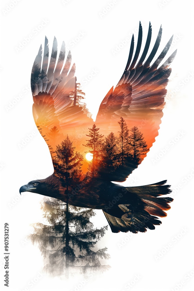 Fototapeta premium Majestic eagle soaring with sunset forest double exposure