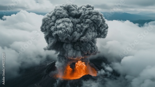 Volcanic Eruption: A dramatic aerial view of a volcano erupting, spewing ash and lava into the sky, creating a powerful and awe-inspiring natural spectacle. 