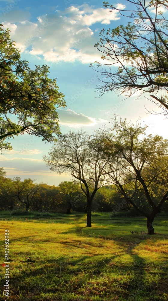 Fototapeta premium Tranquil Meadow with Silhouetted Trees.