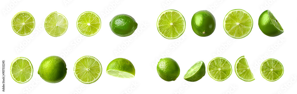 Whole and sliced limes isolated on a transparent background Whole and sliced limes isolated on a transparent background