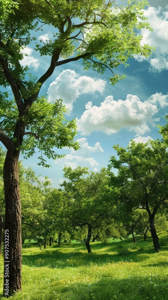 Lush green trees under a bright blue sky with white clouds. Lush green trees under a bright blue sky with white clouds.