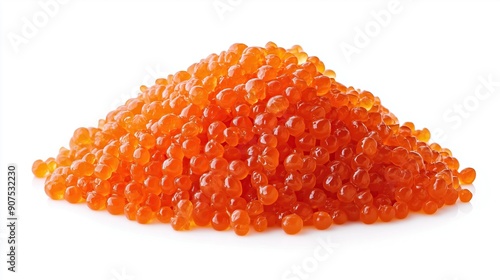 A pile of red salmon caviar isolated on white background