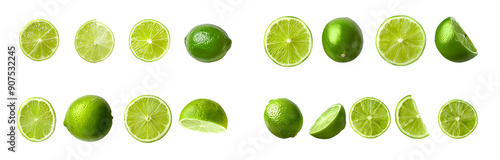 Whole and sliced limes isolated on a transparent background © Oriel-team