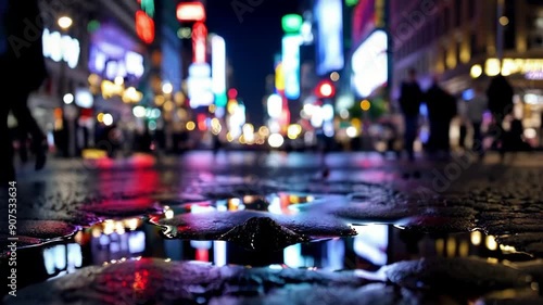 New York cityscape with neon light reflection at night