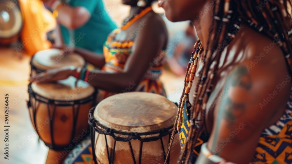 African woman playing djembe drums. African woman playing djembe drums.