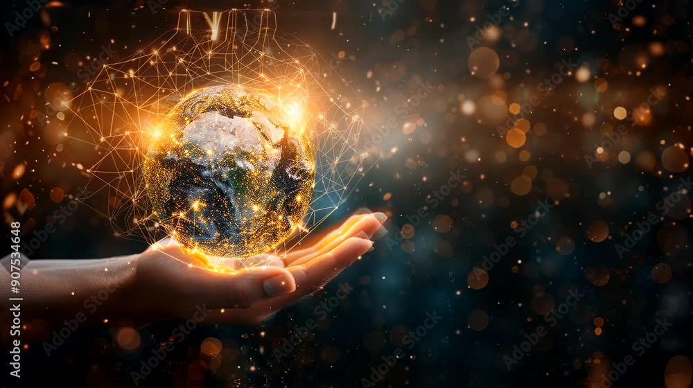 Global Connection: A Hand Holding Earth with Networked Connections Global Connection: A Hand Holding Earth with Networked Connections