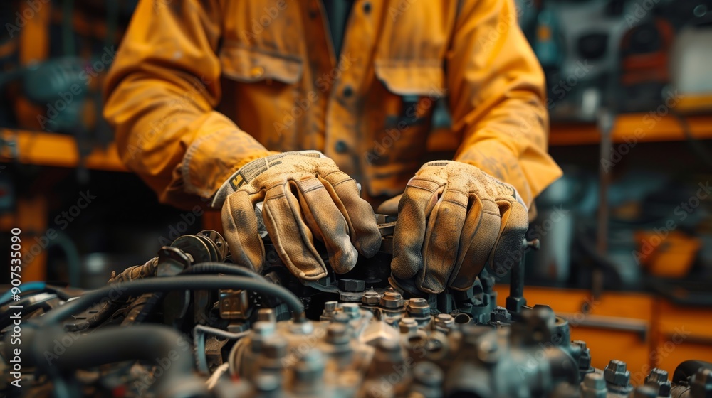 A mechanic wearing gloves is working on an engine in the garage, closeup of hands and worn leather work glove A mechanic wearing gloves is working on an engine in the garage, closeup of hands and worn leather work glove