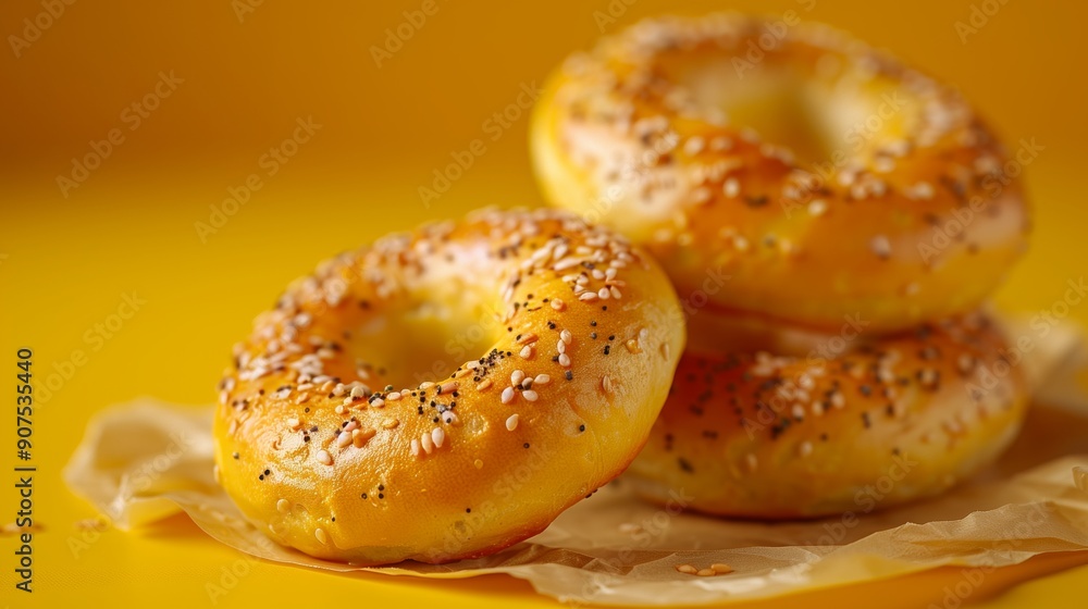 A realistic advertising shot of bagels on parchment paper on an isolated yellow background A realistic advertising shot of bagels on parchment paper on an isolated yellow background