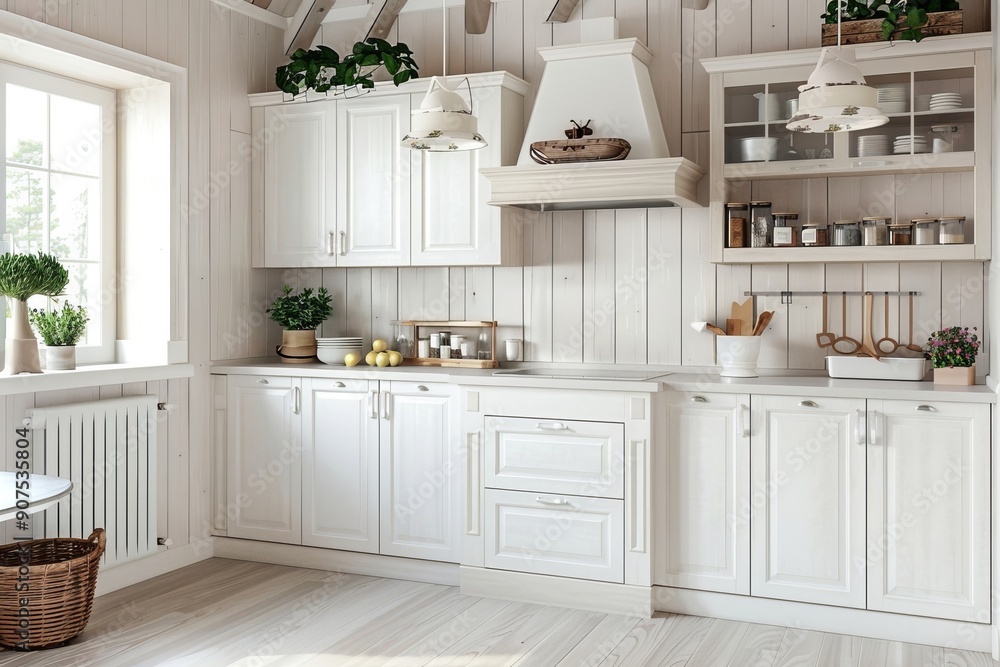 Fototapeta premium White kitchen interior with cabinets and sink, Generative AI