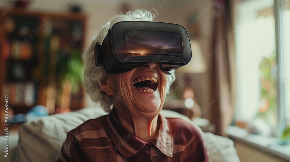 Elderly woman wearing a VR headset, laughing and interacting with a virtual environment at home Elderly woman wearing a VR headset, laughing and interacting with a virtual environment at home