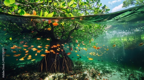 an underwater view of a mangrove tree with lots of leaves and beautiful fish 