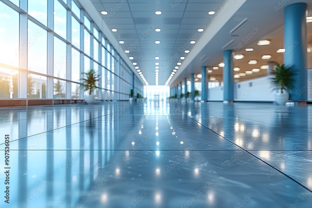 Modern Office Lobby with Reflective Floor and Natural Light - Ideal for Corporate Design Modern Office Lobby with Reflective Floor and Natural Light - Ideal for Corporate Design