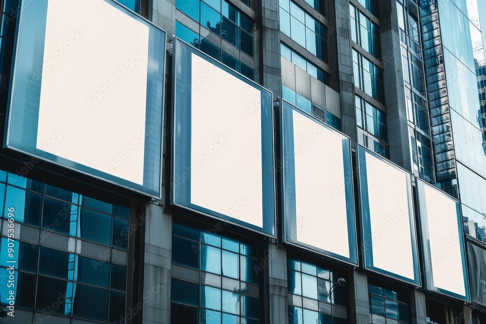 Row of empty billboards on the facade of a modern building, mockup concept, set on a city street backdrop, Generative AI