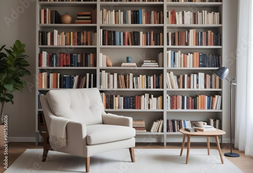 A cozy living room with a comfortable armchair in front of a large bookshelf filled with books