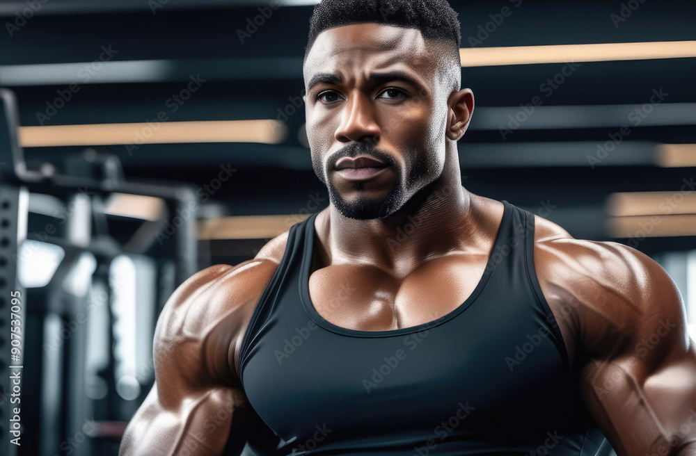 Fototapeta premium black bodybuilder flexes muscles in gym, showcasing powerful physique. Sports and fitness training