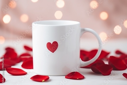 white coffee mugs with heart designs and roses on pink backgrounds. photo