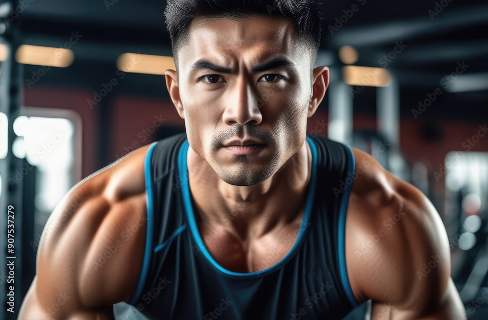 muscular Asian man showing off his strong physique in gym. sport exercises, bodybuilding muscular Asian man showing off his strong physique in gym. sport exercises, bodybuilding