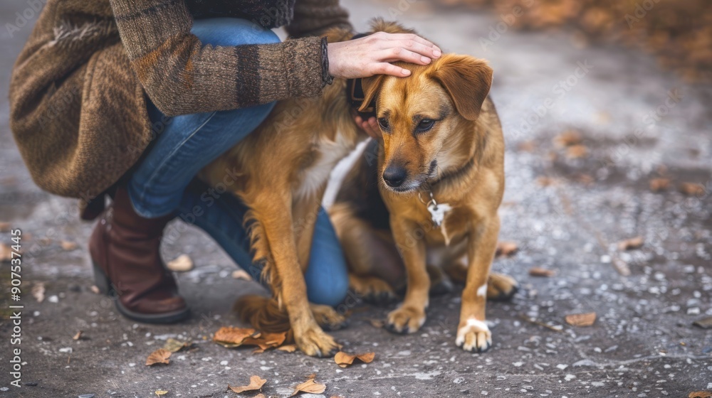 Woman petting a dog in the autumn leaves. Woman petting a dog in the autumn leaves.