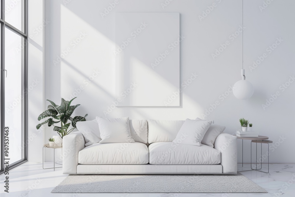 Fototapeta premium White living room interior with sofa and blank wall, Generative AI
