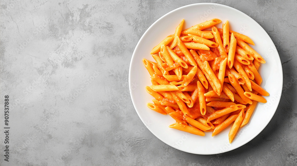 Top view of penne in red sauce, served on a white plate, contrasting with a light grey concrete background.