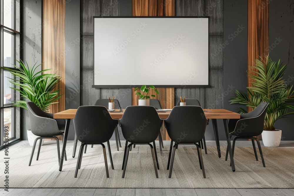 Modern meeting room interior with board and chairs, window. Mock up poster, Generative AI Modern meeting room interior with board and chairs, window. Mock up poster, Generative AI