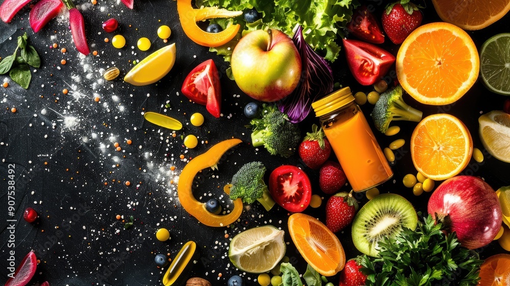 Colorful arrangement of fresh fruits and vegetables including apple, orange, strawberry, kiwi, and bell pepper on a dark background. Colorful arrangement of fresh fruits and vegetables including apple, orange, strawberry, kiwi, and bell pepper on a dark background.