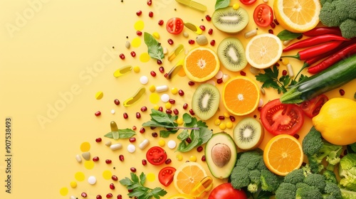 Colorful assortment of fresh fruits and vegetables on a yellow background, perfect for healthy eating and organic food themes.