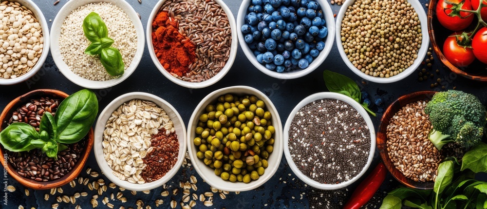 Assorted healthy ingredients including grains, spices, and vegetables in bowls, depicting a nutritious diet and fresh produce. Assorted healthy ingredients including grains, spices, and vegetables in bowls, depicting a nutritious diet and fresh produce.