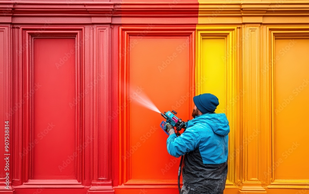 Man Painting a Wall with a Spray Gun Man Painting a Wall with a Spray Gun