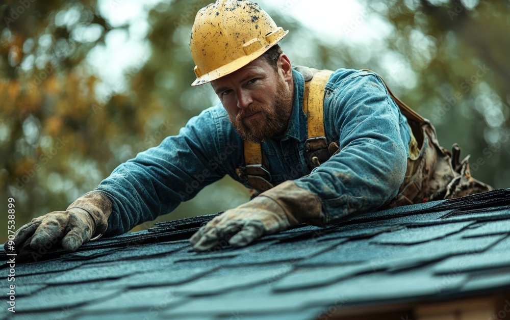 Construction Worker Installing Shingles on a Roof Construction Worker Installing Shingles on a Roof