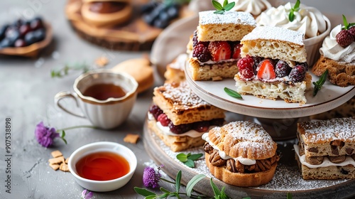 Vegan High Tea Assortment Assortment of vegan high tea treats like scones, finger sandwiches, and pastries, perfect for elegant tea parties and high teathemed designs photo