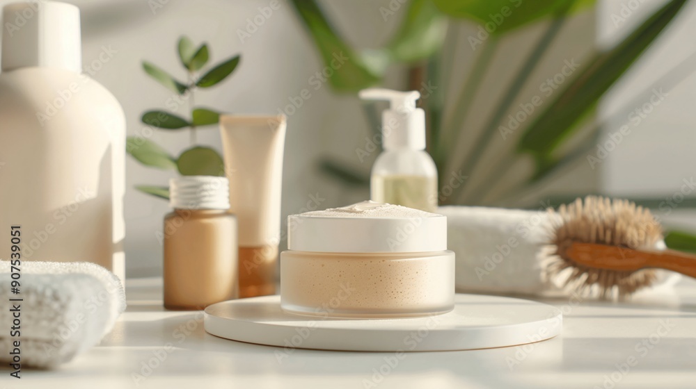 Serene Spa Essentials: Minimalist skincare routine with natural cosmetics in warm sunlight, embracing tranquility and self-care. Serene Spa Essentials: Minimalist skincare routine with natural cosmetics in warm sunlight, embracing tranquility and self-care.