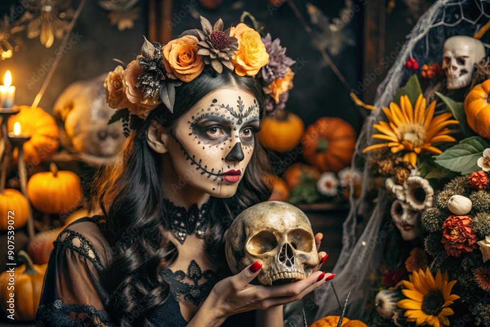 The concept of the Halloween holiday. Horror. A costume party. A beautiful woman with a painted skull on her face and flowers on her head. Banner, postcard. The concept of the Halloween holiday. Horror. A costume party. A beautiful woman with a painted skull on her face and flowers on her head. Banner, postcard.