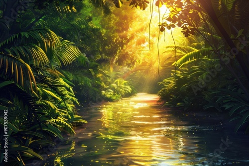 Sunlight Illuminating a Lush Jungle Stream