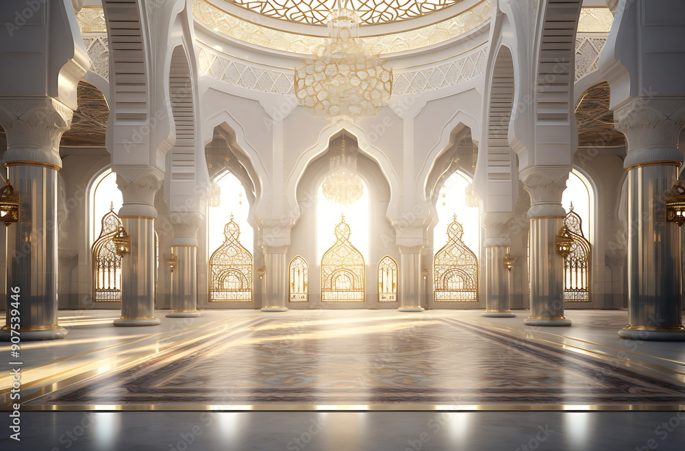 Fototapeta premium Majestic mosque interior with golden lighting