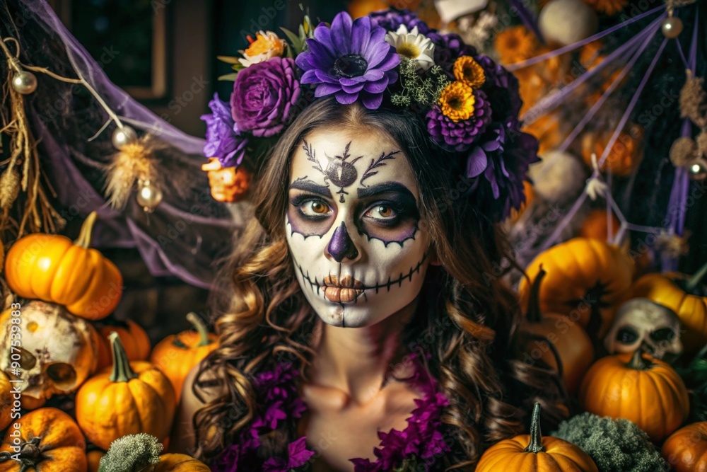 The concept of the Halloween holiday. Horror. A costume party. A beautiful woman with a painted skull on her face and flowers on her head. Banner, postcard. The concept of the Halloween holiday. Horror. A costume party. A beautiful woman with a painted skull on her face and flowers on her head. Banner, postcard.