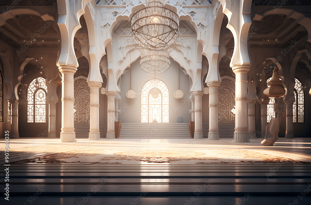 Fototapeta premium Majestic mosque interior with golden lighting