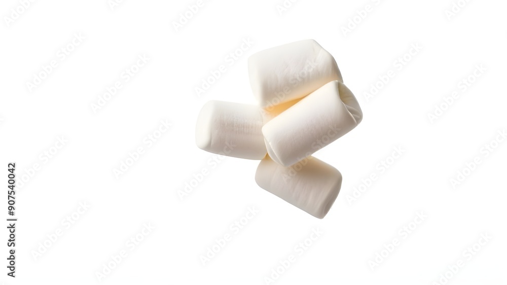 Falling marshmallow isolated on white background, full depth of field, white chocolate cake Falling marshmallow isolated on white background, full depth of field, white chocolate cake