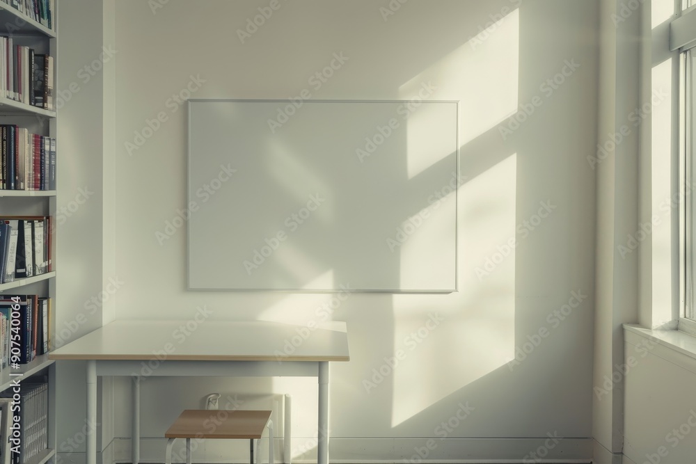 White public library reading room corner with table and blank wall, Generative AI White public library reading room corner with table and blank wall, Generative AI