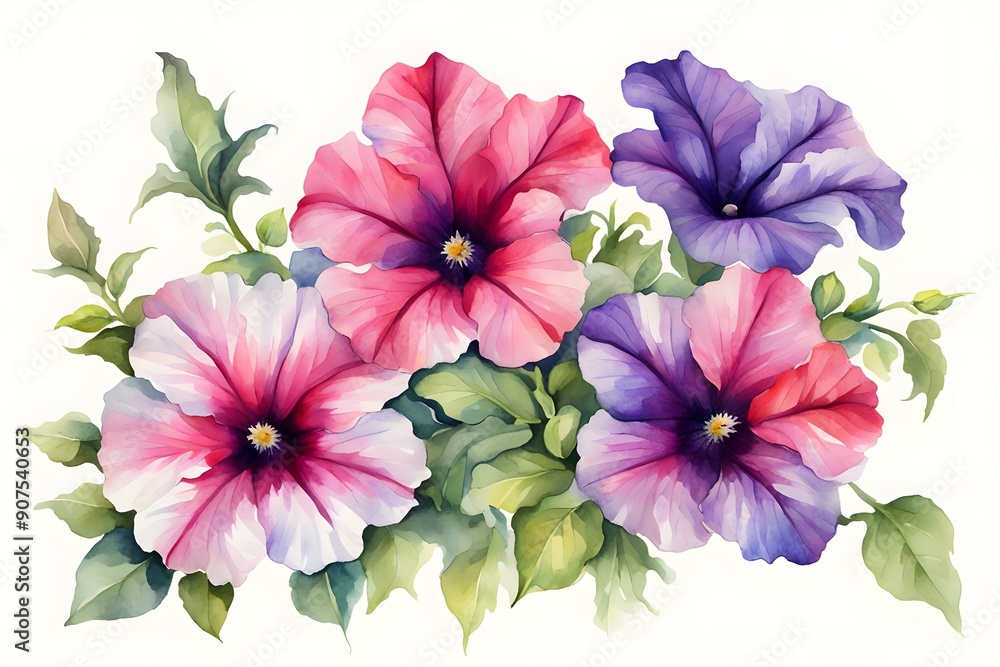 Watercolor petunia flowers white background, Ai Generated Watercolor petunia flowers white background, Ai Generated