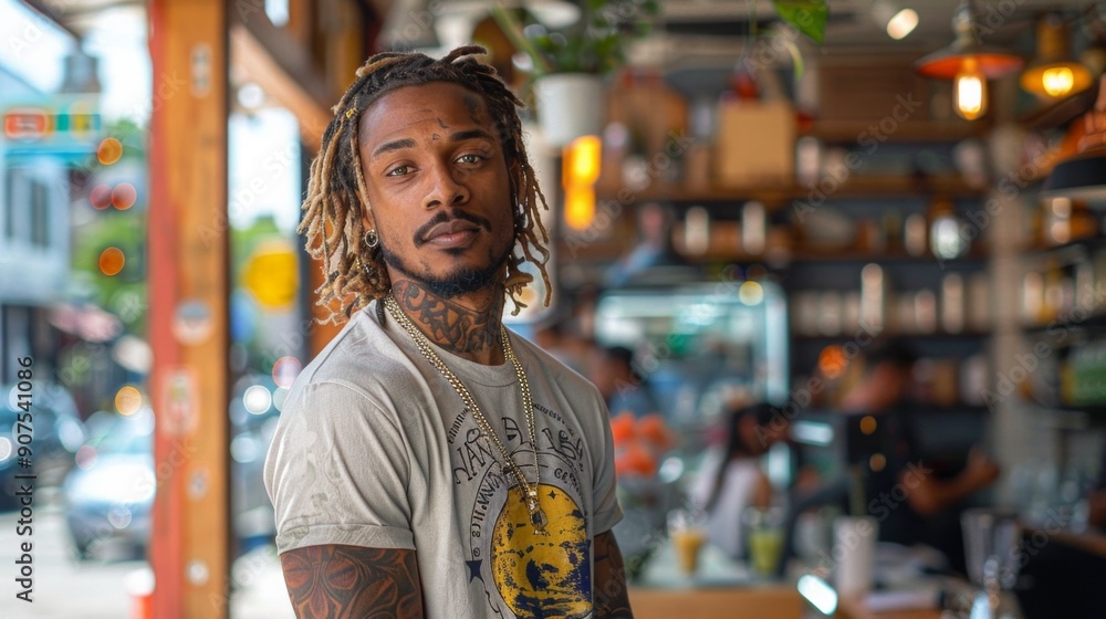 Attractive afro american hipster with a beard is drinking coffee posing in coffee shop Attractive afro american hipster with a beard is drinking coffee posing in coffee shop