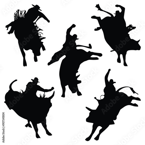 Set of Bull Riding Silhouette Vector Art Illustration
