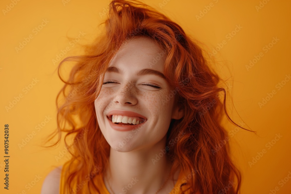 Close-up of a joyful redhead woman with a big smile, against a vibrant orange background, showcasing her happiness and cheerful personality. Close-up of a joyful redhead woman with a big smile, against a vibrant orange background, showcasing her happiness and cheerful personality.