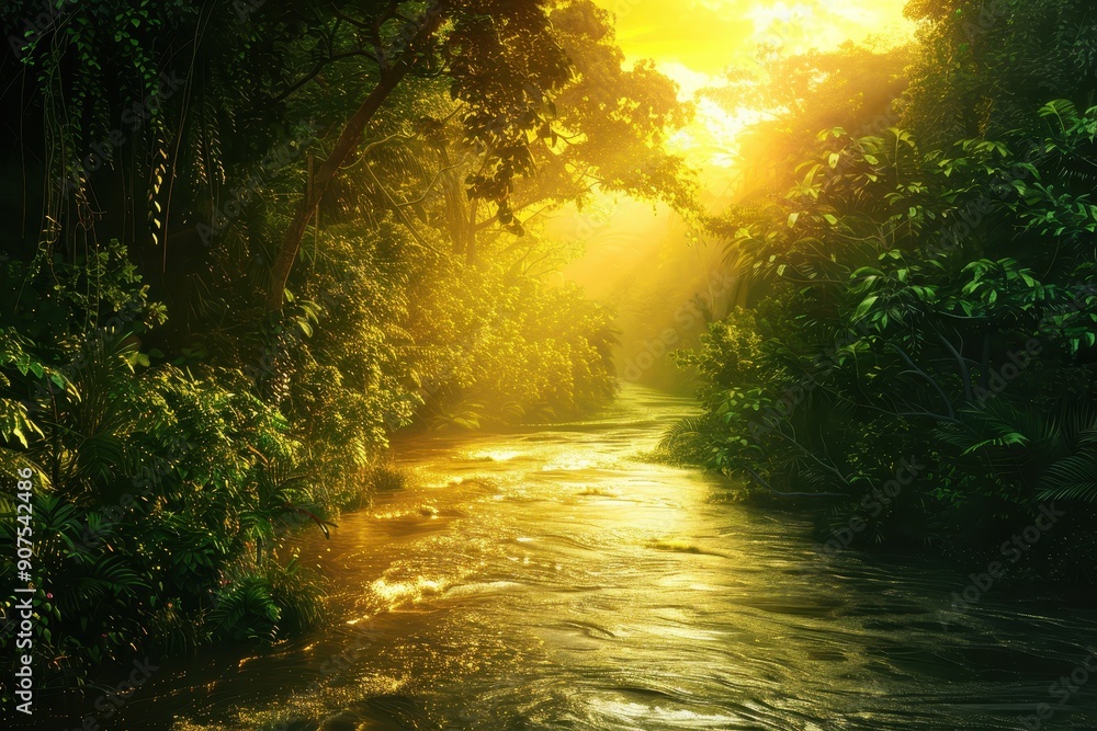 Golden Sunlight Illuminating a River Through a Lush Jungle Golden Sunlight Illuminating a River Through a Lush Jungle