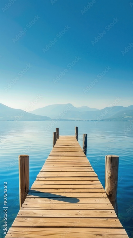Naklejka premium Wooden dock extending into a clear blue lake with mountains in the background.