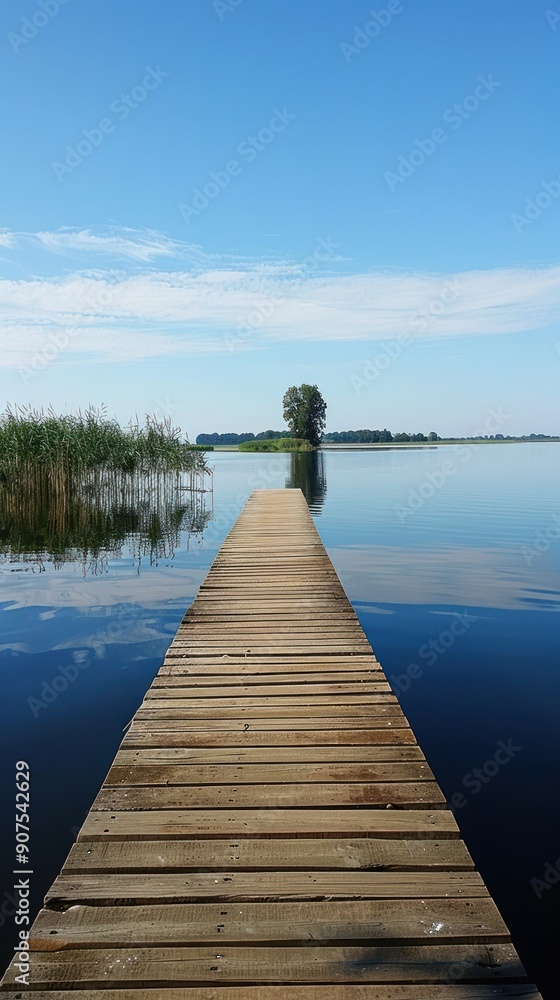 Fototapeta premium Wooden Dock Leading to a Small Island on a Still Lake.