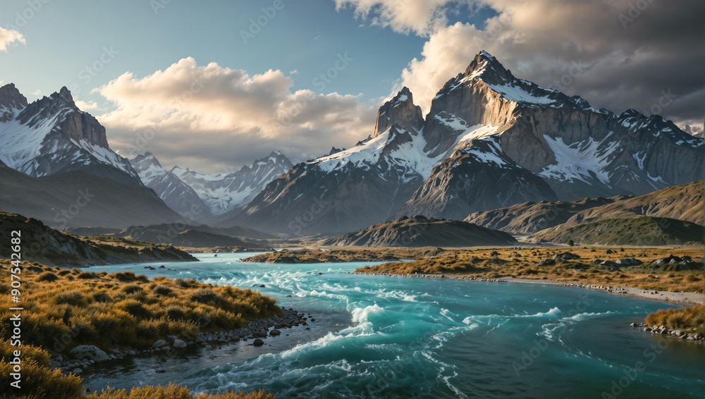 Majestic Mountain Peaks and Turquoise River in South America: Pristine Wilderness Landscape Majestic Mountain Peaks and Turquoise River in South America: Pristine Wilderness Landscape