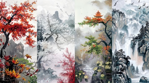 A painting depicting the change of seasons to visually represent the Chinese idiom photo