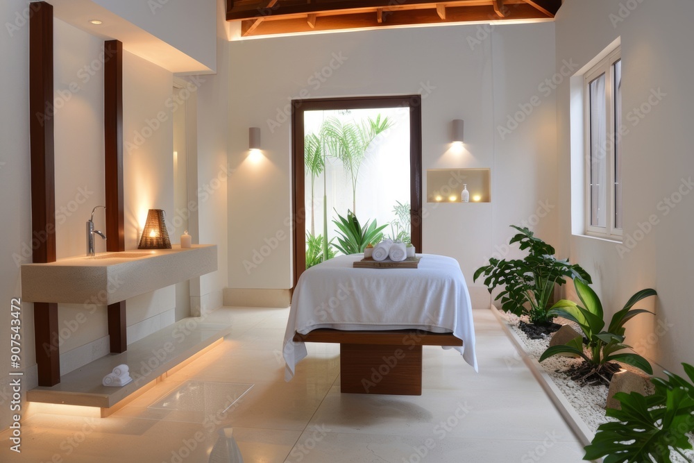 Fototapeta premium A fitness-oriented spa offers a peaceful environment for stillness and relaxation.