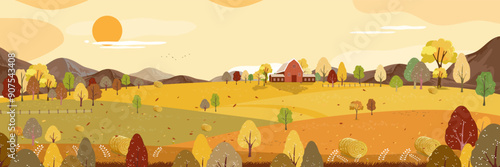 Autumn landscape with forest tree background,Cartoon Scene Fall Season Mountain,Meadow,Orange Foliage,Cloud,Yellow Sunset Sky,Vector nature morning sunrise grass field,maple tree,farm land in country